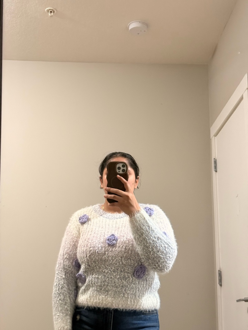 Cream Crewneck Sweater with Lavender Pom Accents